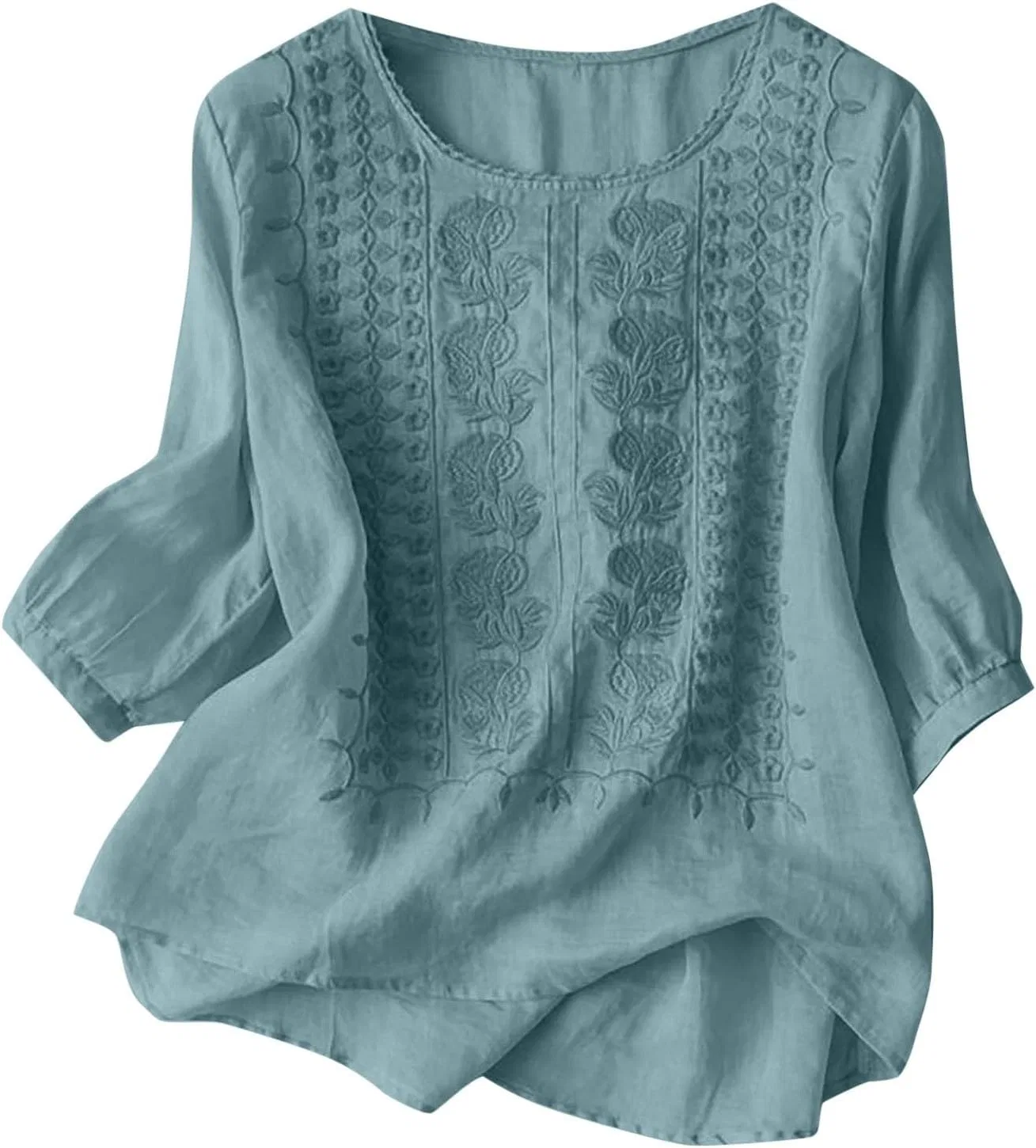 Блуза женская с вышивкой Embroidery Cotton Linen, светло-синий