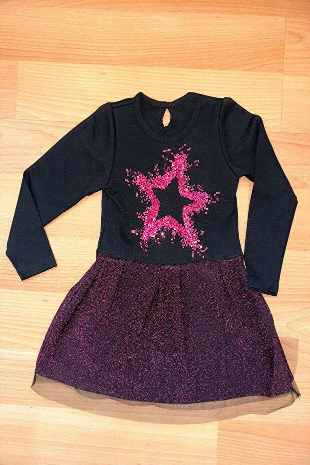 Детское платье для девочек с принтом Star detailed sequin decorated children's dress Öykü Kids, Black - Fuchsia
