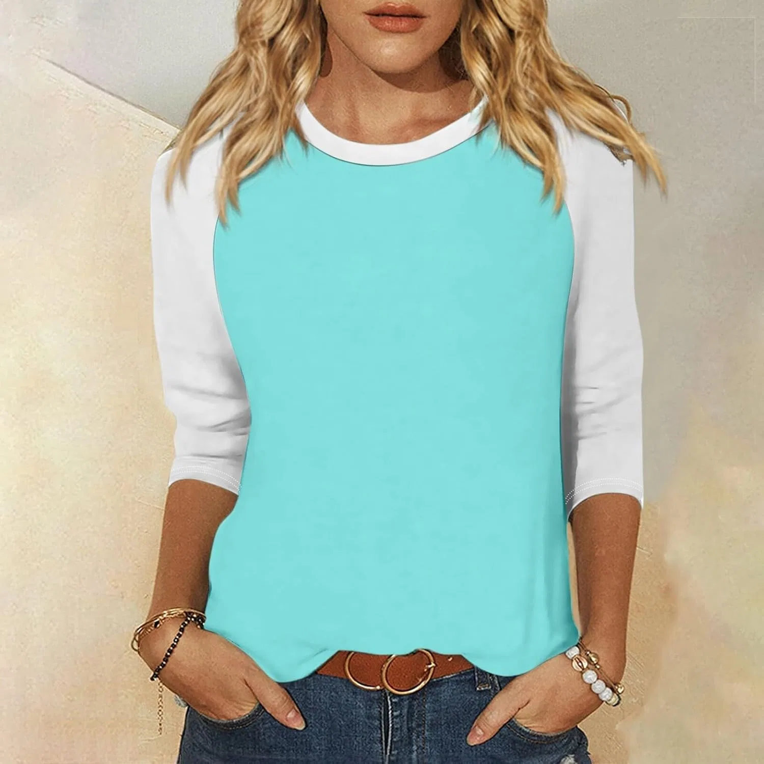Женская футболка с длинным рукавом 3/4 Color Block, Mint Green — фото 2
