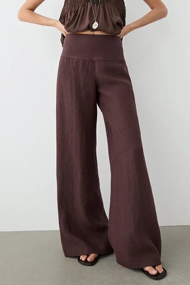 Женские брюки из льна с принтом Massimo Dutti, Burgundy — фото 2