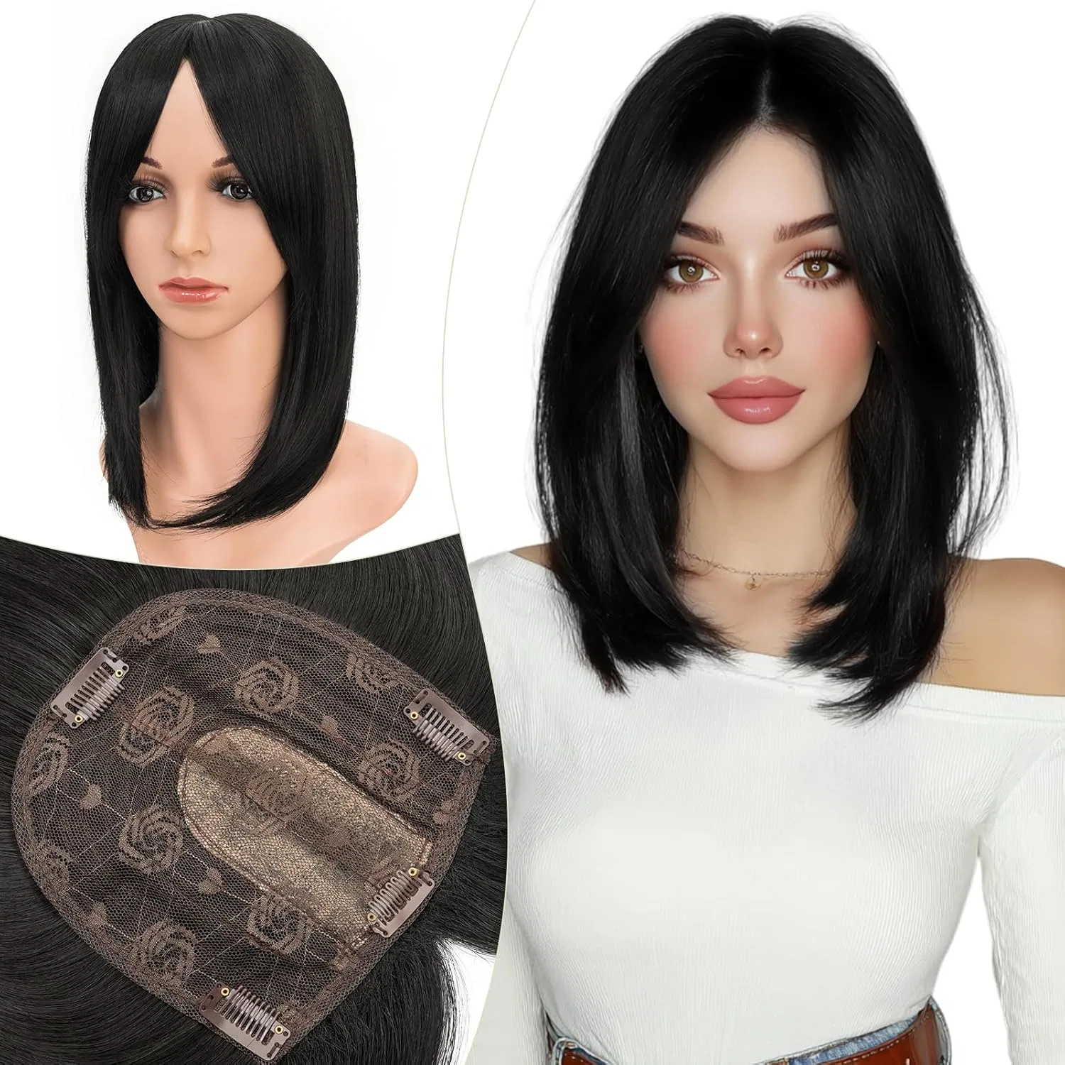 Накладка для волос Elailite с челкой, темно-черная, 15x15 см, 35 см, 120 г Elailite, Dark Black