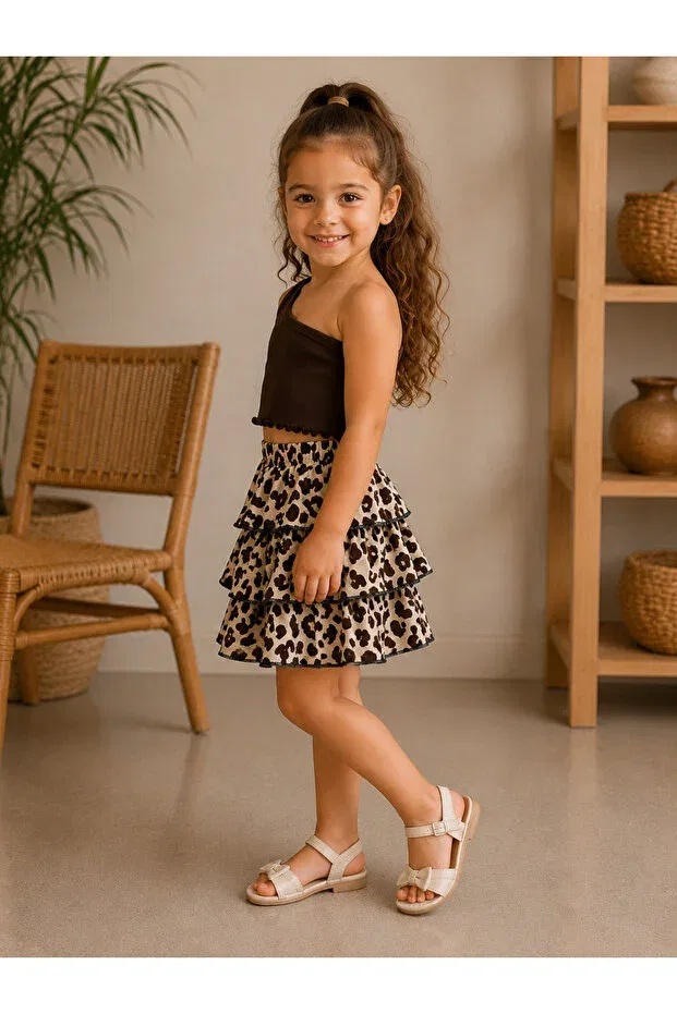 Детский комплект для девочек с принтом Leopard Print Layered Skirt And Brown One-shoulder Ribbed Crop Top Set Bahnur, Brown — фото 3