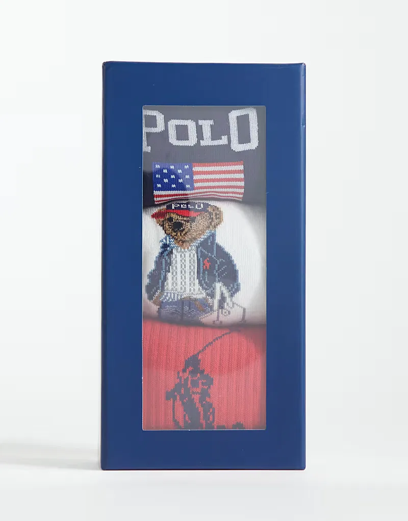 Набор из 3 пар носков Polo Ralph Lauren с изображением медведя в подарочной коробке, темно-синий, белый и, красныйцветов — фото 2