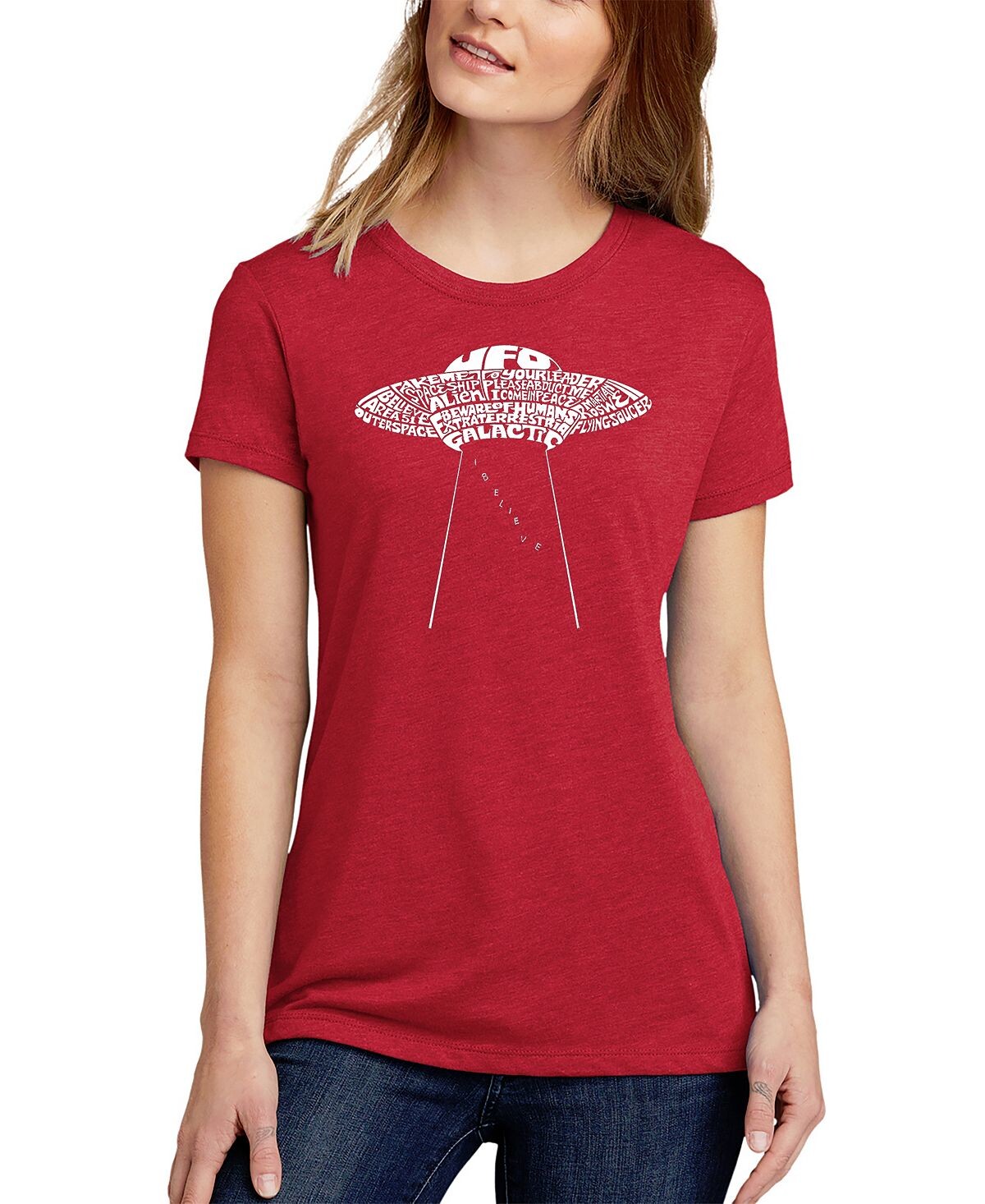 

Женская футболка word art flying saucer ufo LA Pop Art, красный