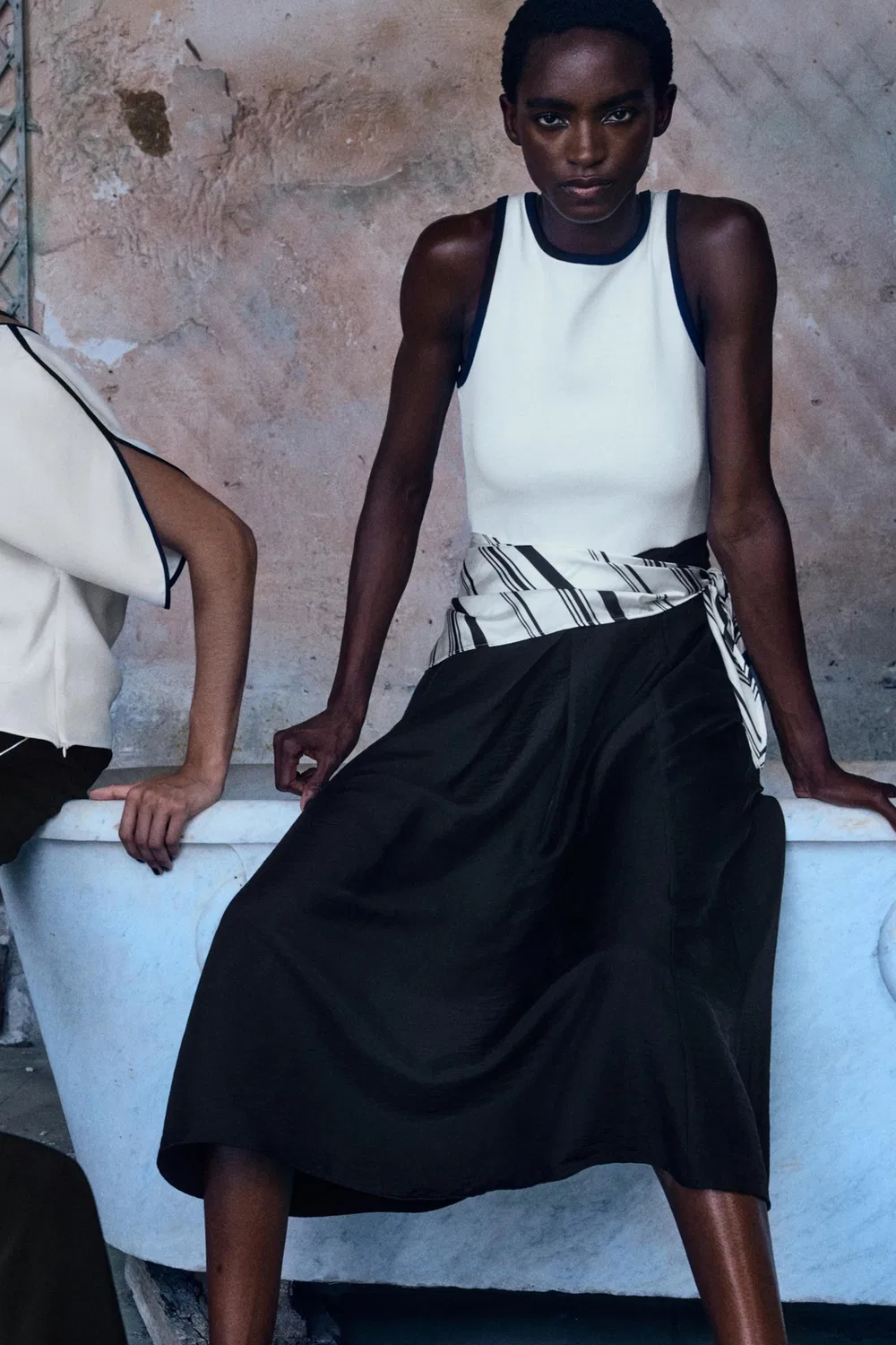 Платье-миди с контрастным шарфом ZARA, Black/White