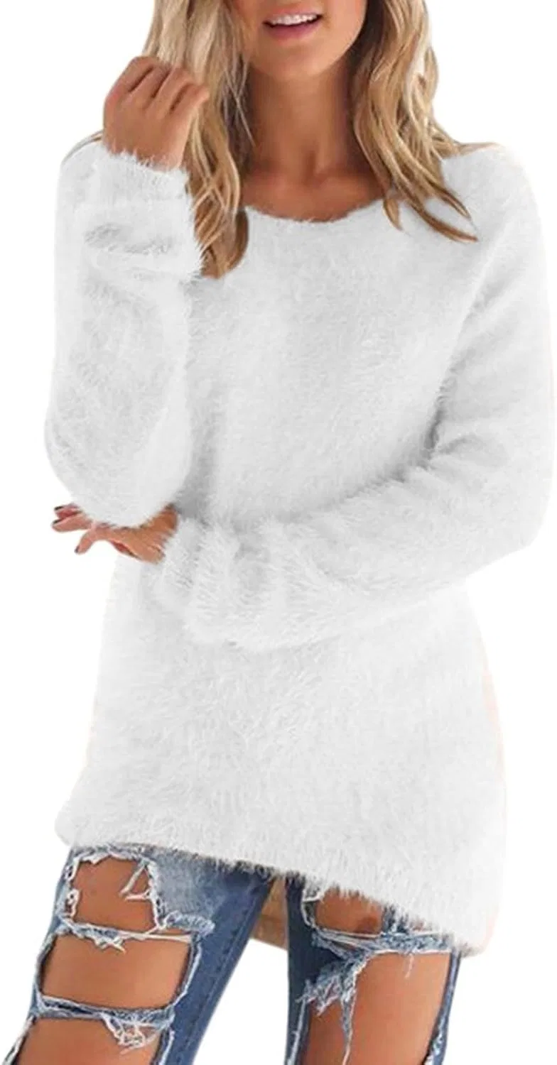 Женский пуловер из футера с длинным рукавом, Soft Fluffy Knit, белый