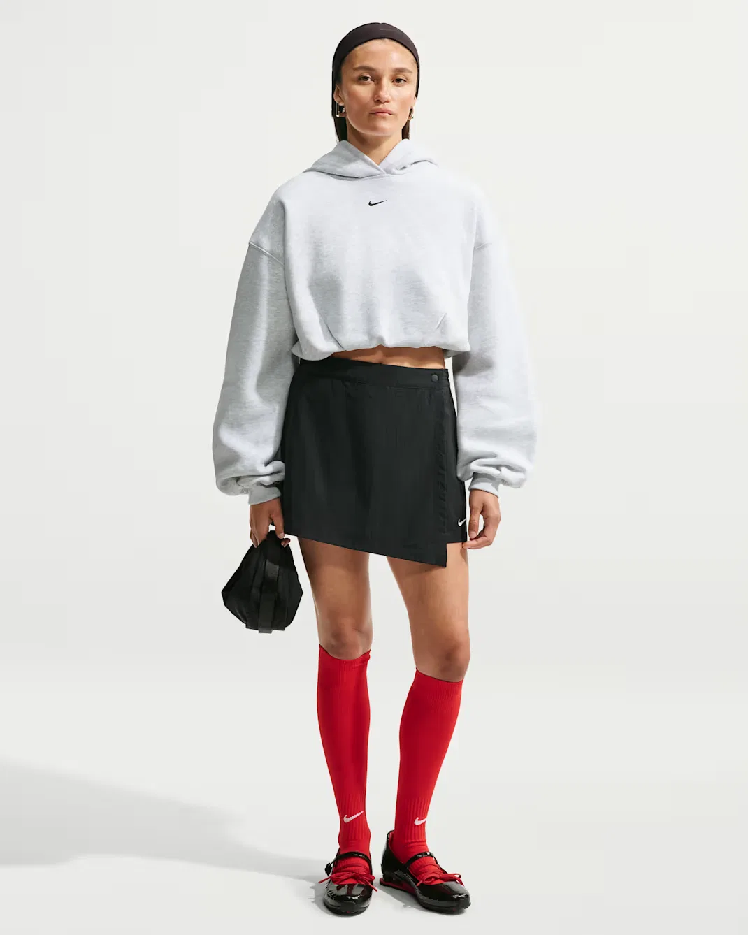 Женская укороченная толстовка оверсайз Nike Studio Fleece Medium Weight, Birch Heather/Black — фото 4
