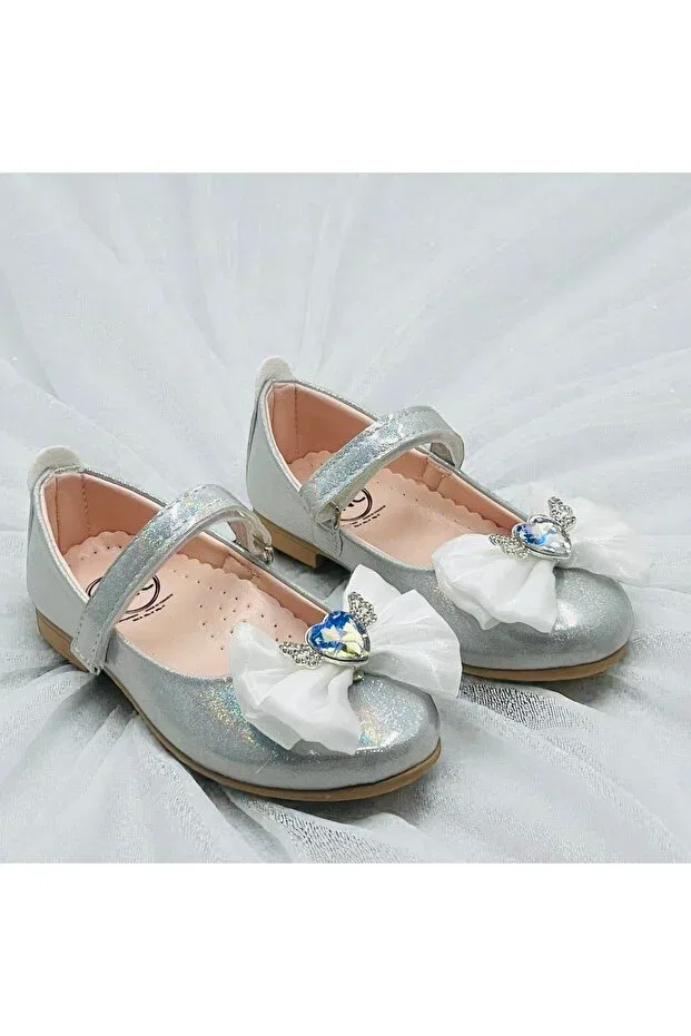 Детские балетки для девочек с бантом Guppy Kids, Silver