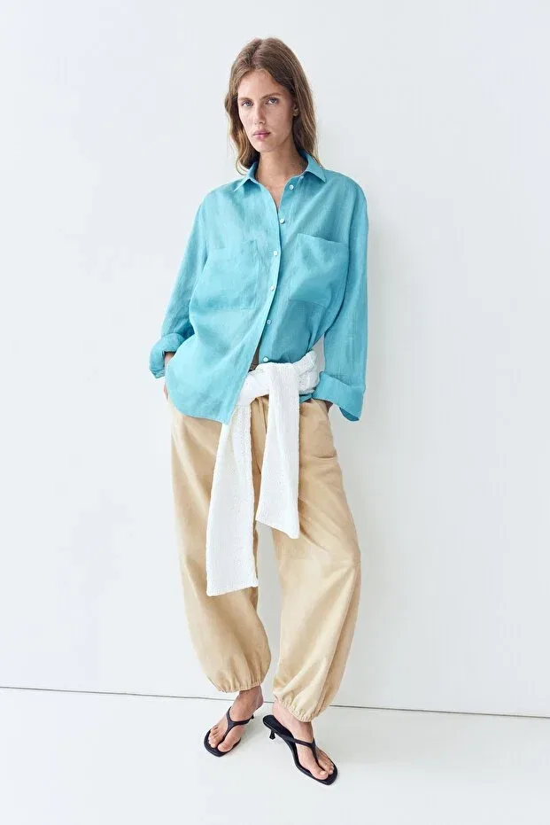 Женская рубашка льняная с длинным рукавом Massimo Dutti, Turquoise Blue — фото 4