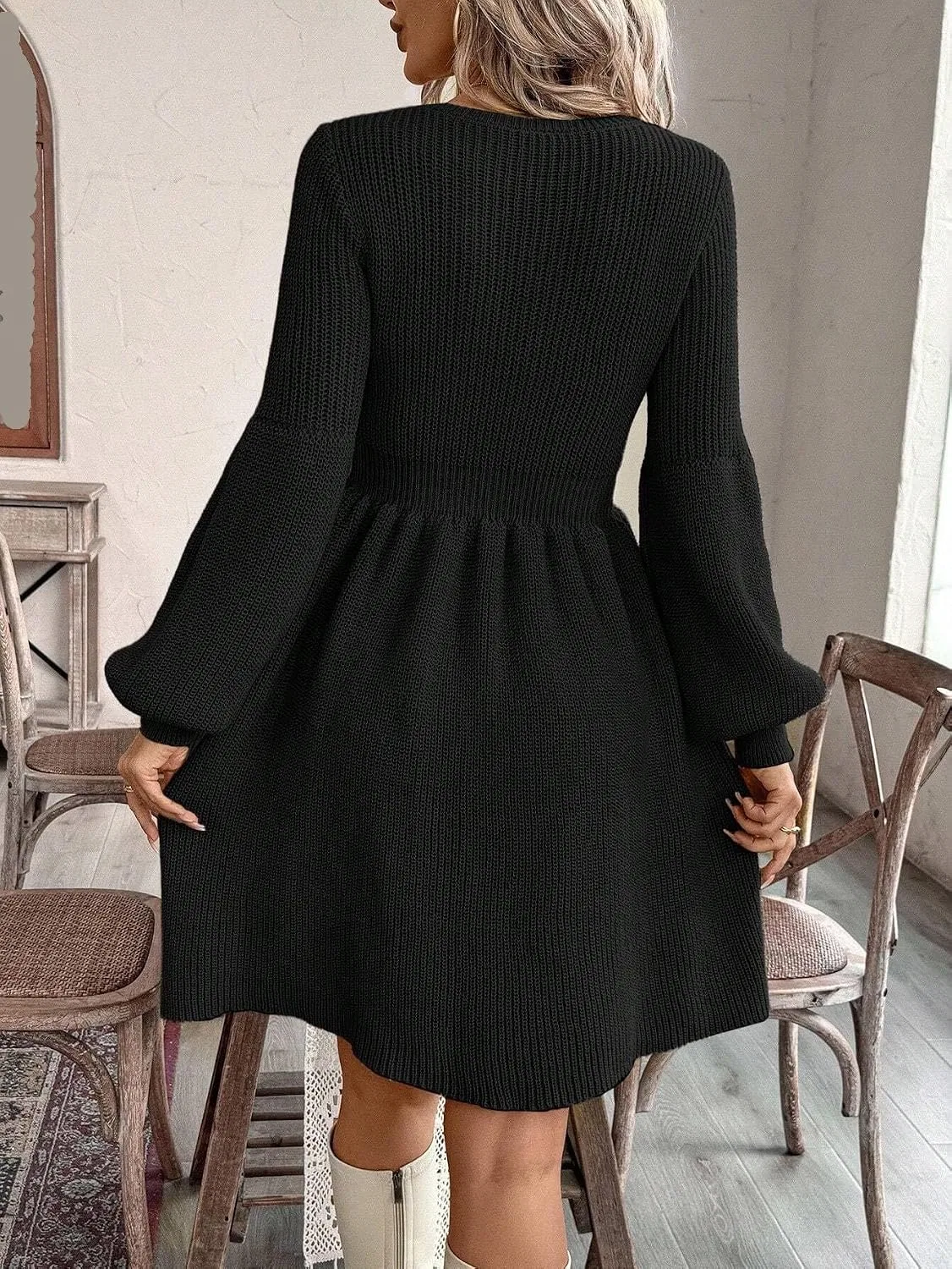 Женское платье с круглым вырезом и кабельной вязкой, Black — фото 2