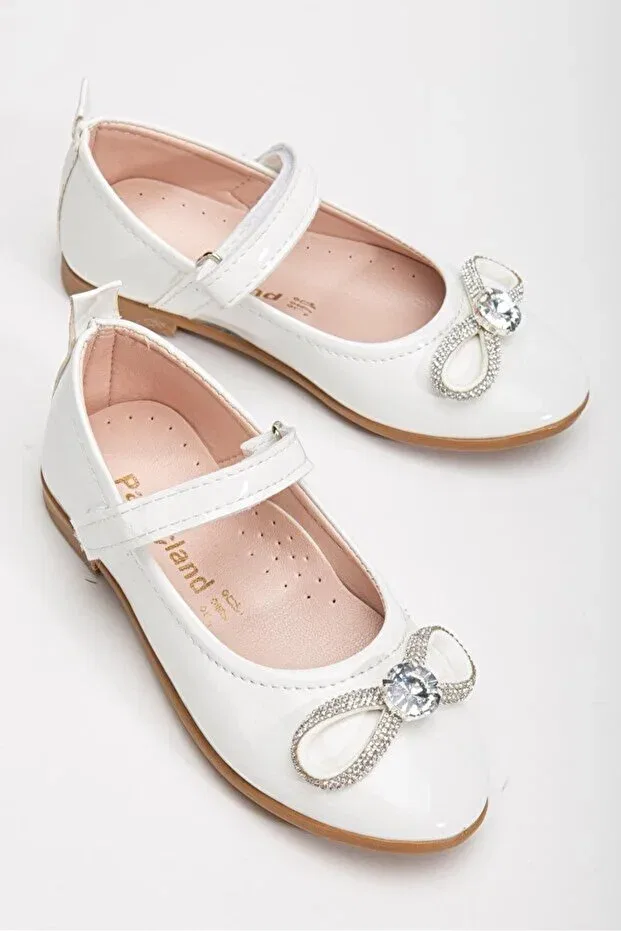 Детские балетки для девочек с принтом Orthopedic stone bow detailed ballerina children's shoes Papuctime, White — фото 2