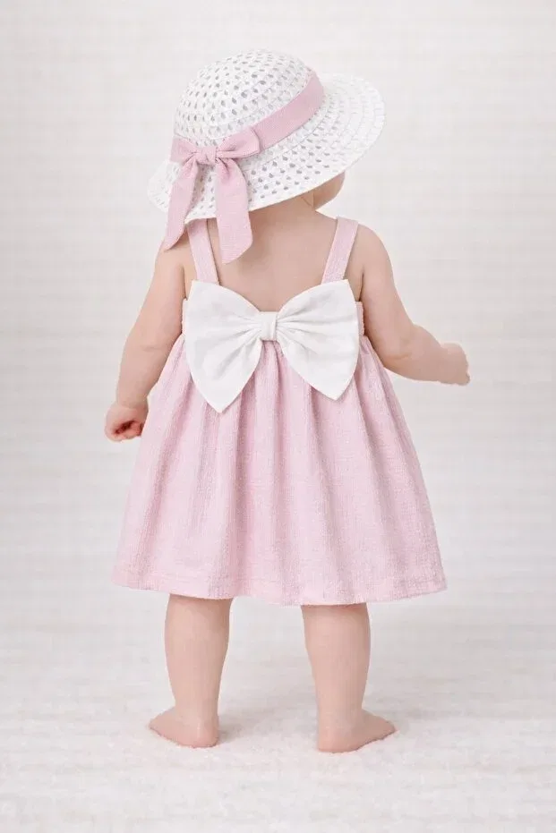 Детское платье для девочек с бантом Sweet Ribbed Hat Bow Chicsy Baby, Powder — фото 3