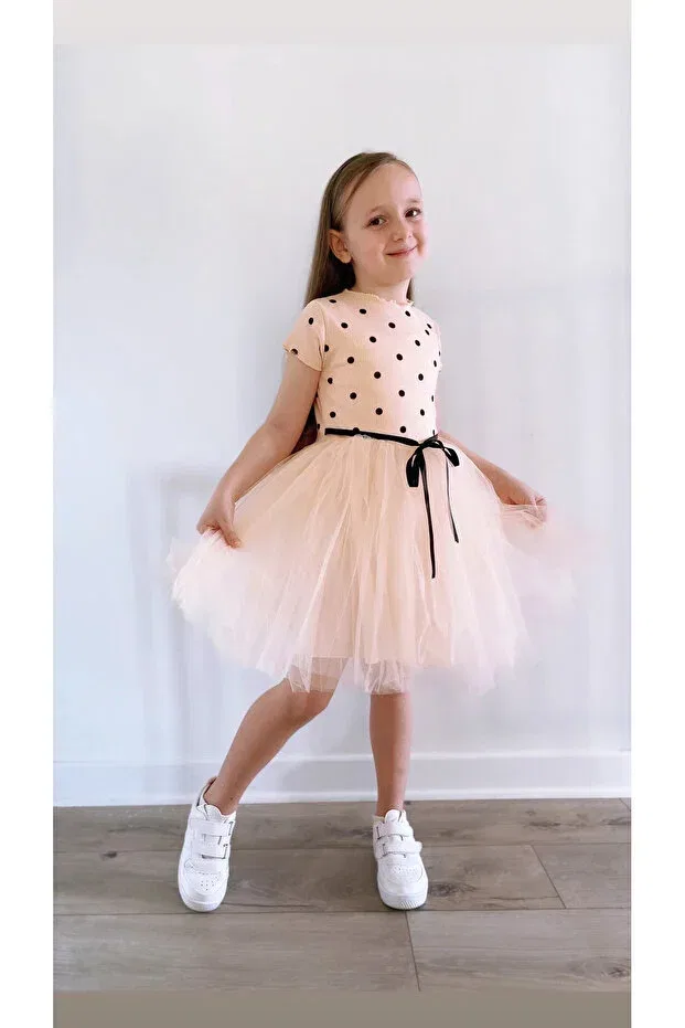 Детское платье для девочек с принтом Linda Short Sleeve Girl Princess Fluffy Powder Pink Polka Dot Stretchy Lycra Tulle Tutu Şirin Şeyler Butiği, Powder Pink — фото 3