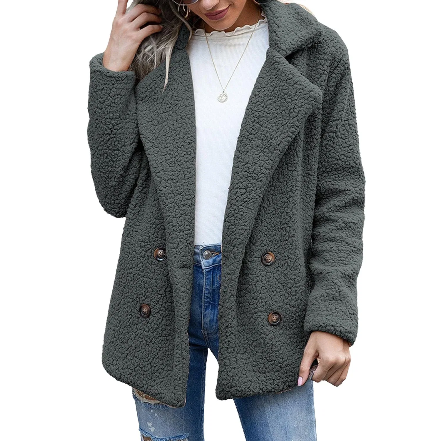 Женское длинное пальто из искусственного меха с принтом, модель Oversized Warm Jacket, dark grey — фото 2