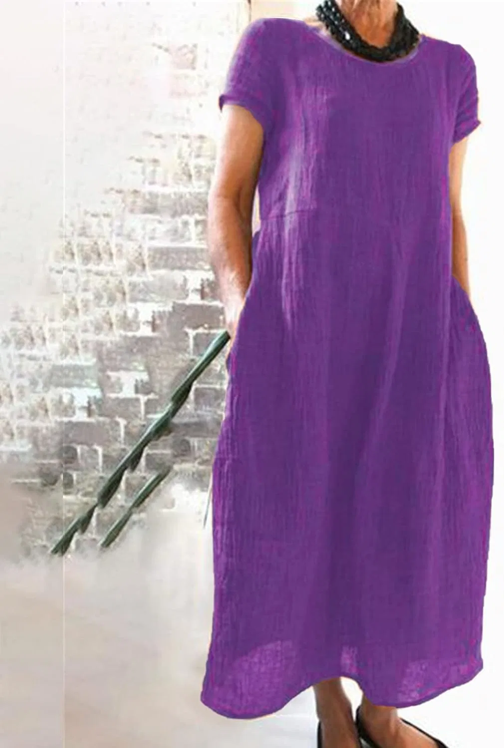 Женское летнее платье макси из хлопка и льна, Purple — фото 2