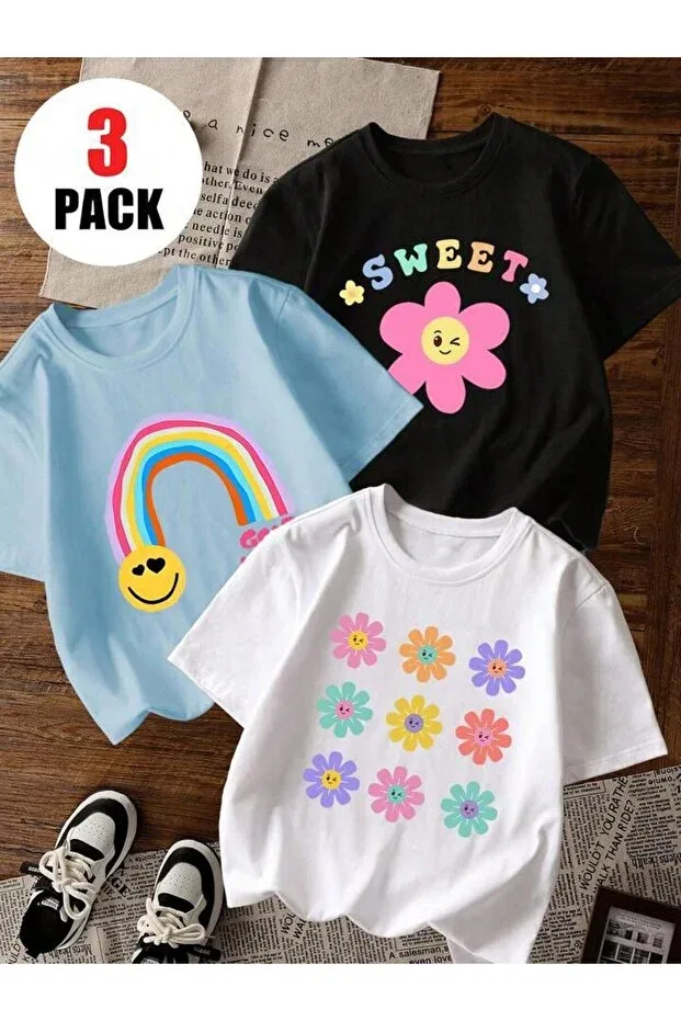 Детский комплект футболок для девочек 3-пр Goodmood-Sweet-Colorful Daisies Printed Combed Cotton T-Shirt Morning Kids, Bebemavi-Beyaz-Siyah