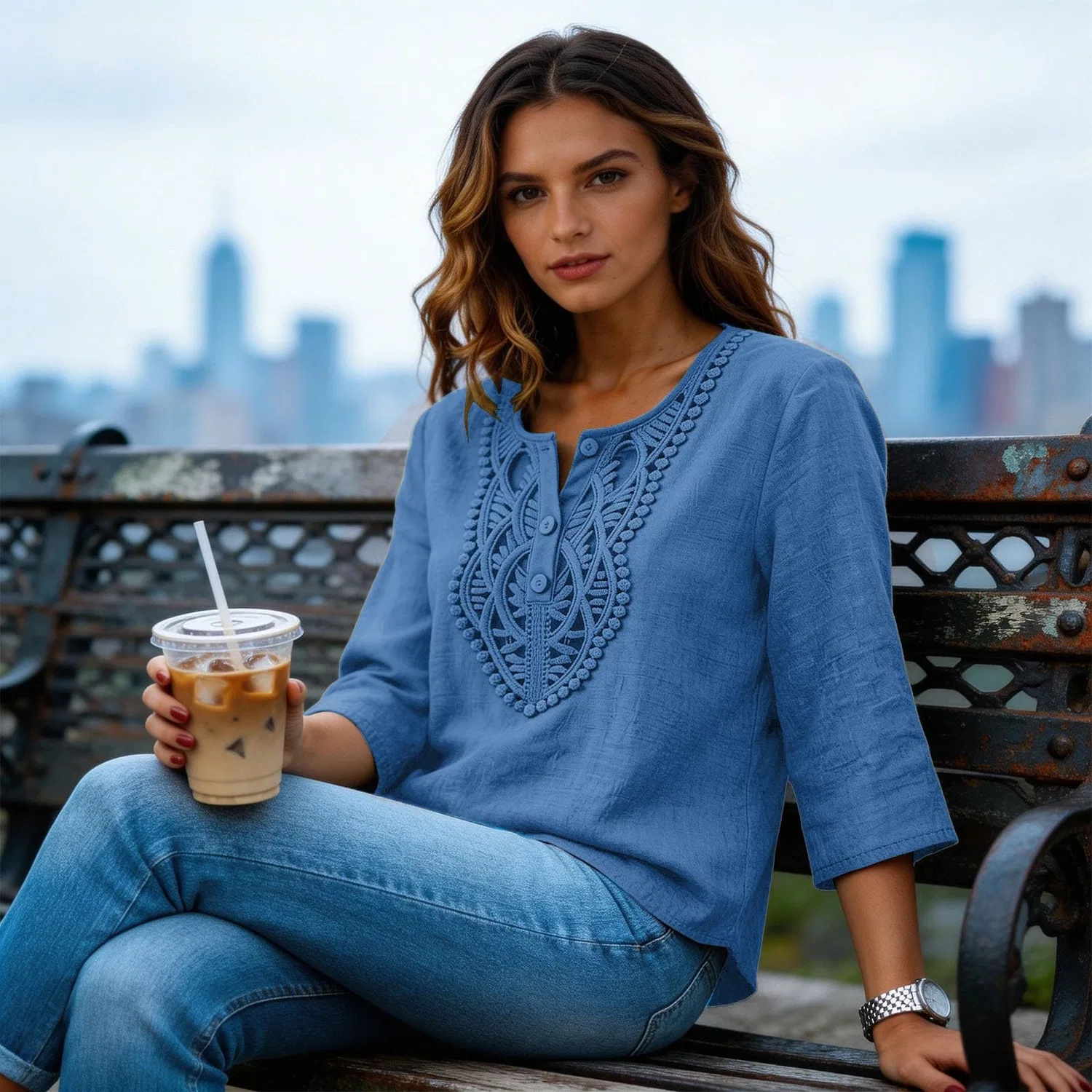 Женская льняная туника с вышивкой Retro 3/4 Sleeve Boho Casual Loose Fit Lightweight Summer Beach Blouse, A-blue — фото 3