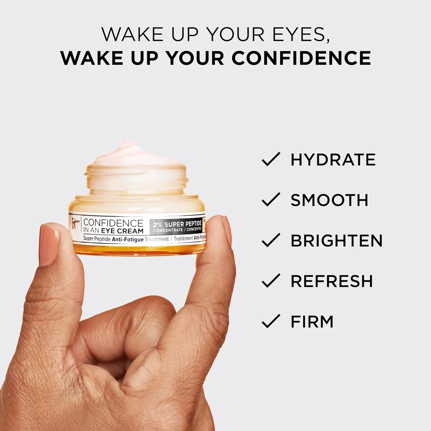 IT Cosmetics Confidence in an Eye Cream - антивозрастной пептидный крем для век против темных кругов и морщин, легкое увлажнение на 48 часов, 2% концентрат суперпептидов, выравнивает и осветляет кожу под глазами, для всех типов кожи 14,8 мл — фото 4