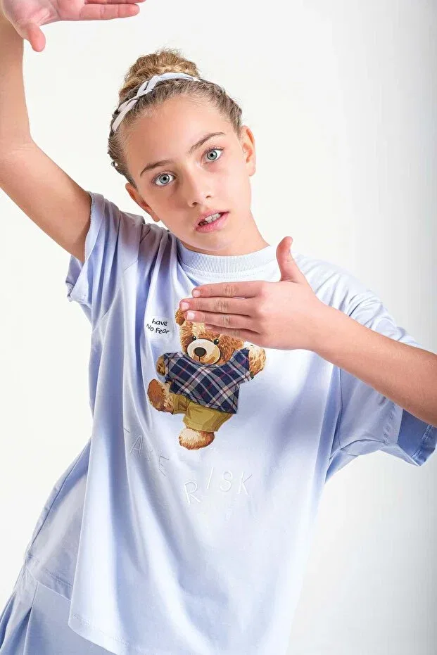 Детская футболка для девочек с принтом Teddy Bear Printed Loco Loco, Blue — фото 3