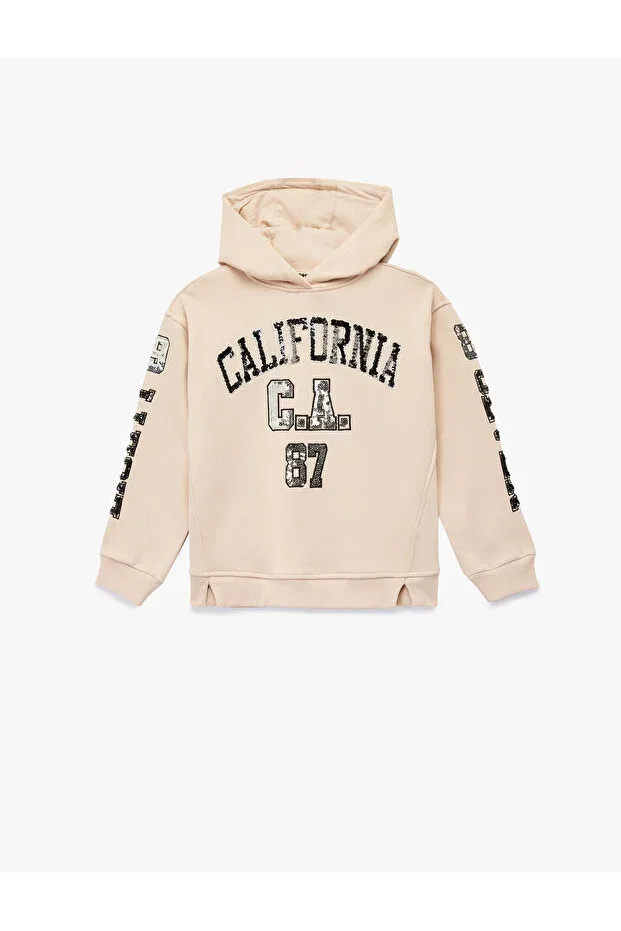 Детские свитшот с принтом Cotton Long Sleeve Sequin Sequined Fleece-Lined Hooded Sweatshirt Koton, Beige — фото 3