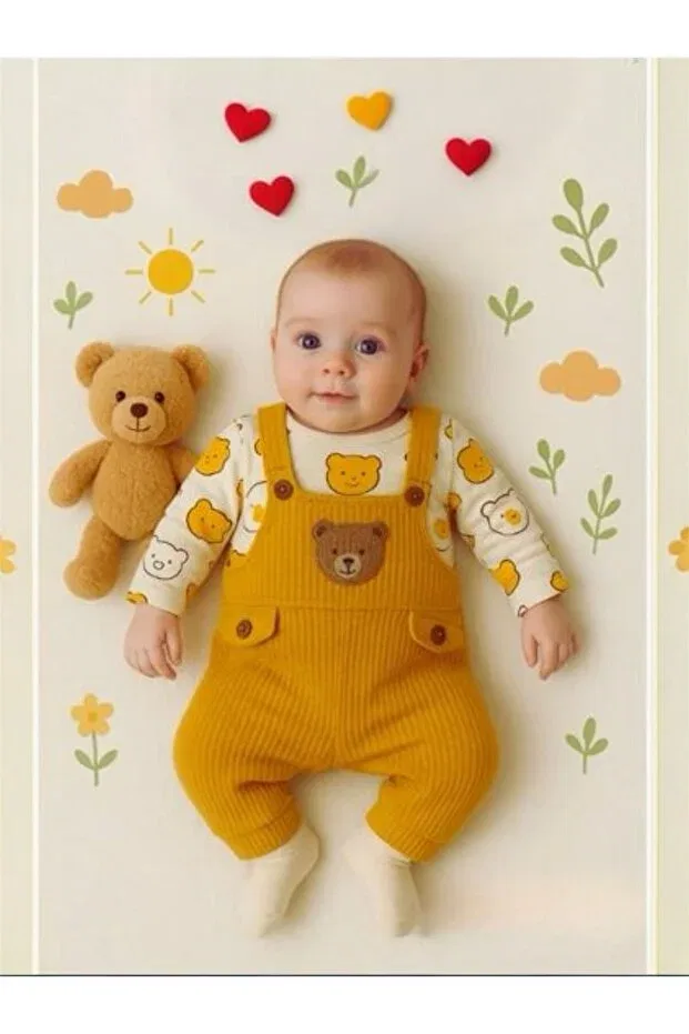 Детский комплект боди-комбинезонов с комбинезоном и носками, с принтом Teddy Bear Pattern, Nafito, Mustard Yellow