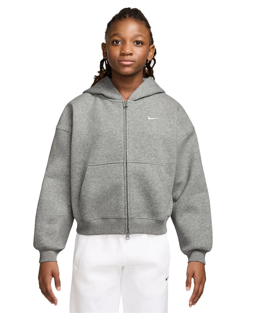 Худи Nike Sportswear Studio Girls' 7-16 Oversized Fleece Full-Zip, Dark Gray Heather/Particle Gray/White