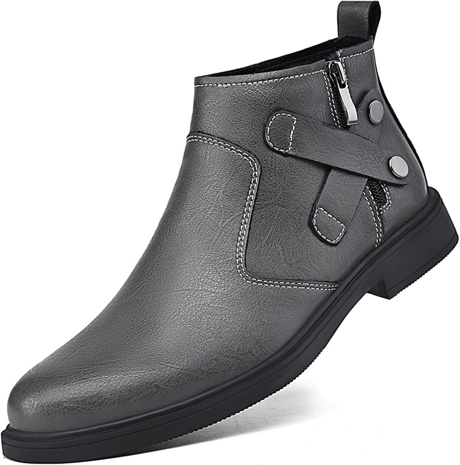 

Мужские остроносые челси из натуральной кожи с боковой молнией, зимние с дополнительным бархатным утеплением, массивным каблуком, нескользящие, классические челси-ботинки, подходят для вождения и работы Nvbuke, серый