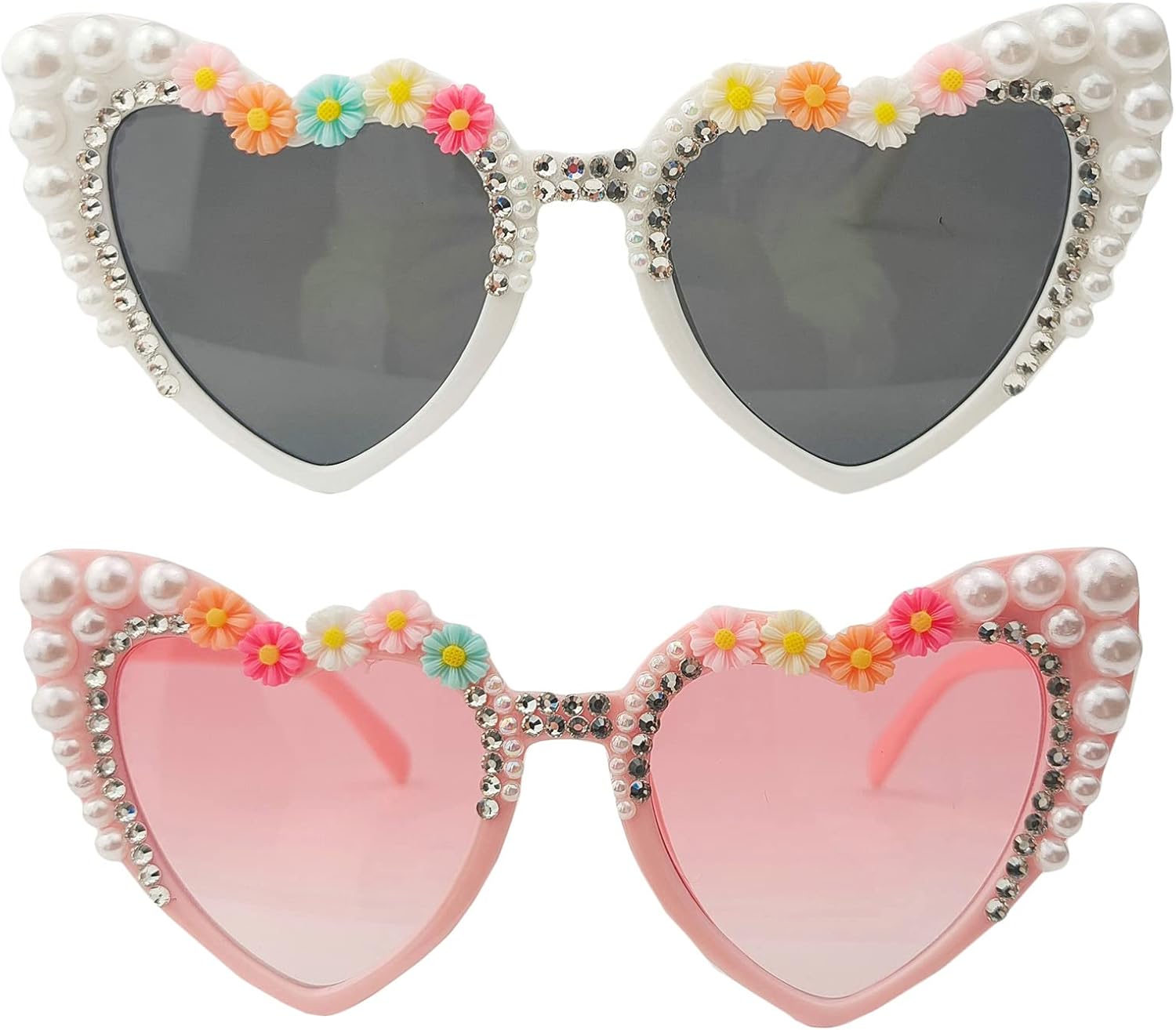

Солнцезащитные очки Willochra в форме сердца со стразами, модные женские солнцезащитные очки с бриллиантовым блеском для вечеринки, жемчужные солнцезащитные очки с кристаллами, 2pcs-white&pink