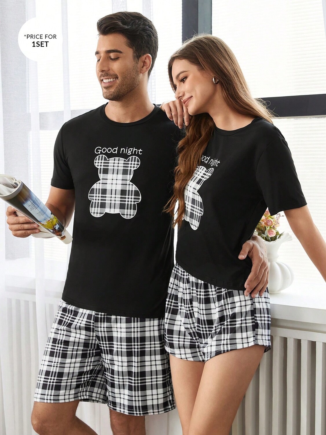 

Мужские пижамы Couped Up в клетку с принтом медведя Shein, черный