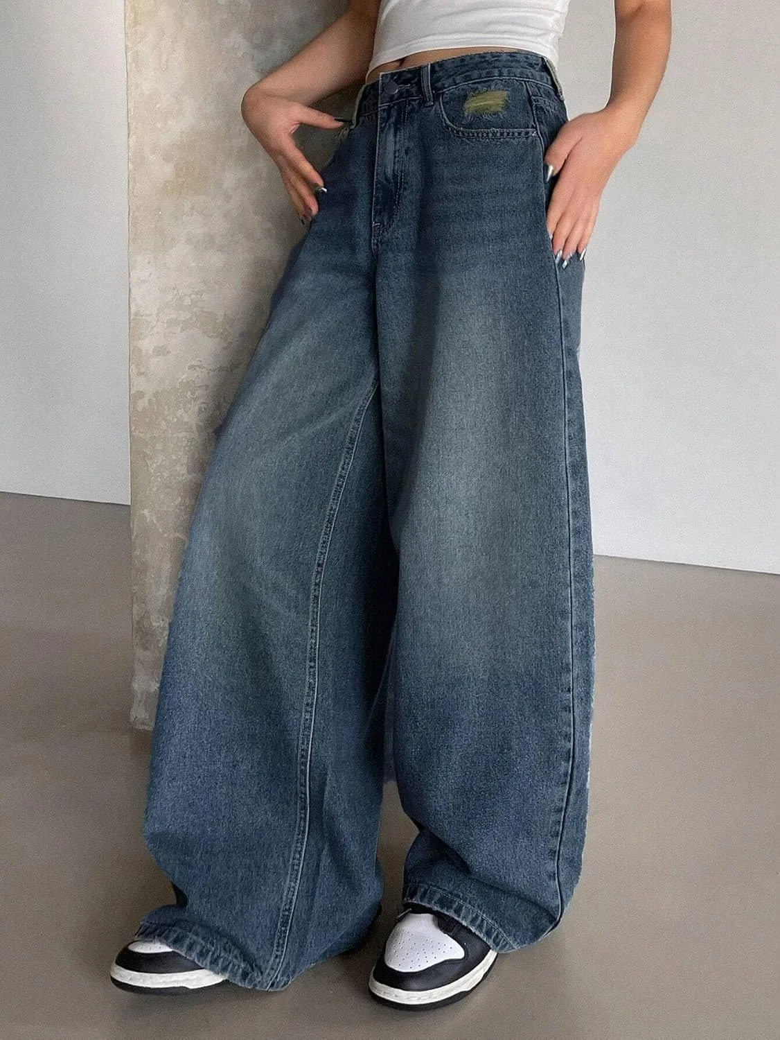 Женские классические джинсы Wide-Leg с карманами и пуговицами Generic, Dark Wash — фото 2