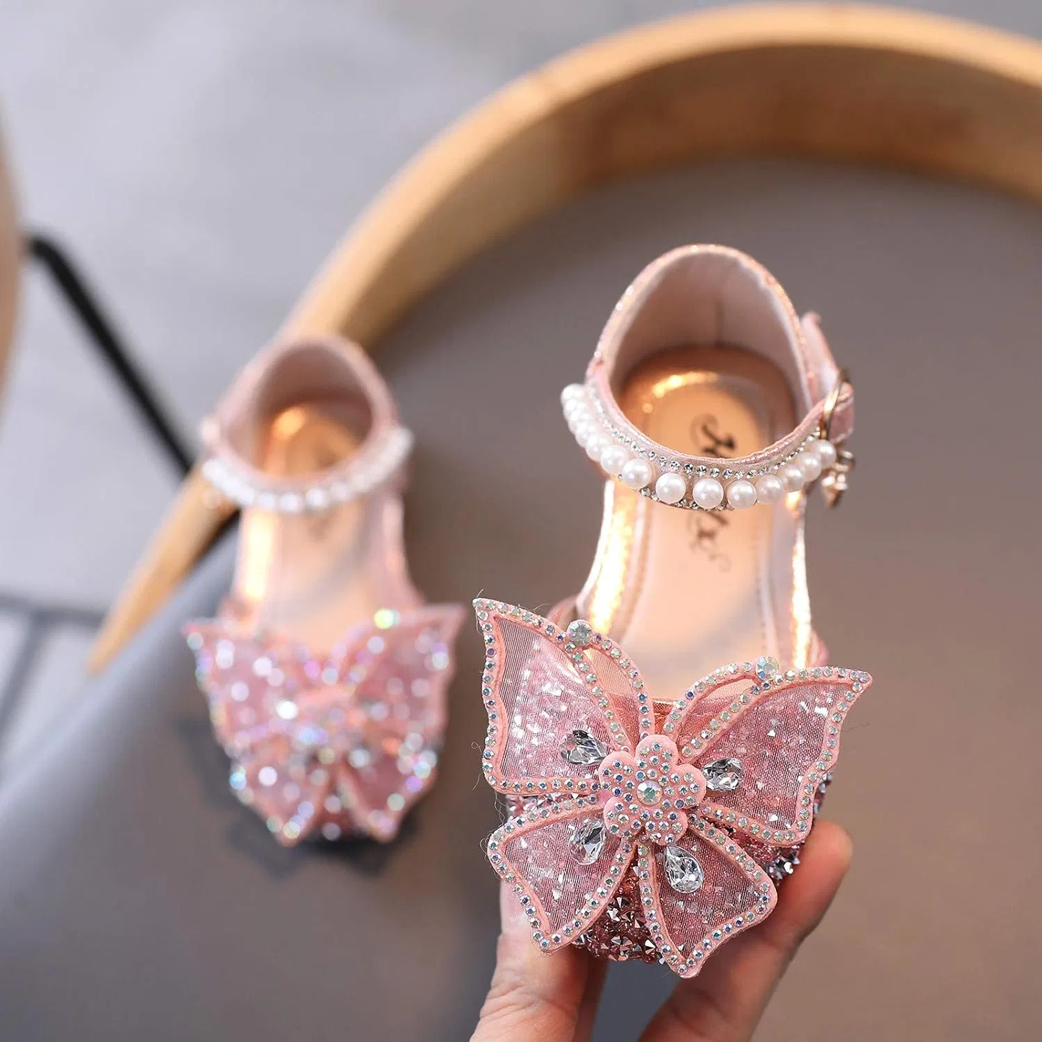Детские туфли-балетки для девочек с принтом Rhinestone Butterfly Shoes, Pink — фото 2