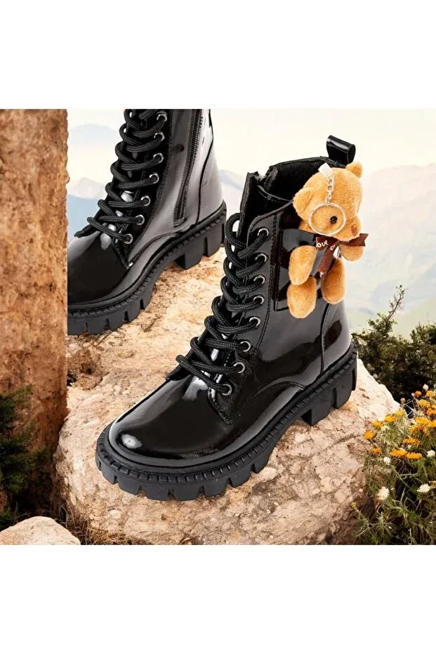 Детские ботинки для девочек водонепроницаемые с принтом медведя Generic Brands, Black Patent Leather