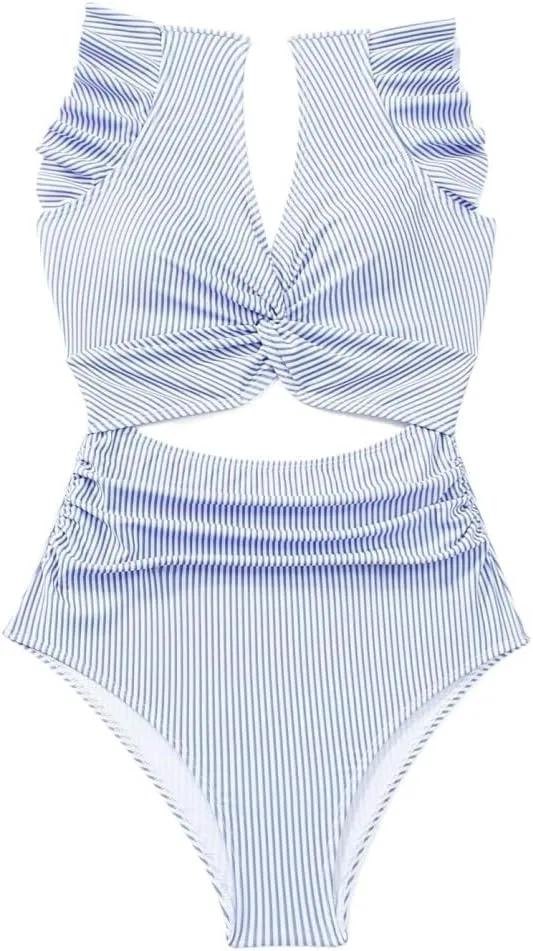 Женский цельнокроеный купальник с вырезами и скрученным дизайном, Blue and White