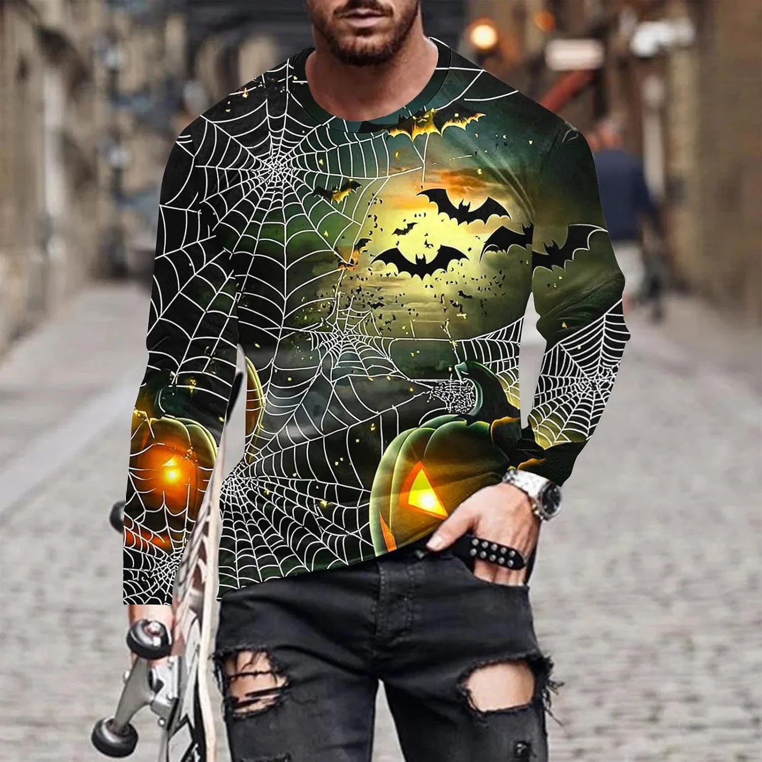 Мужская футболка с принтом Halloween Long Sleeve, D4_gray — фото 2