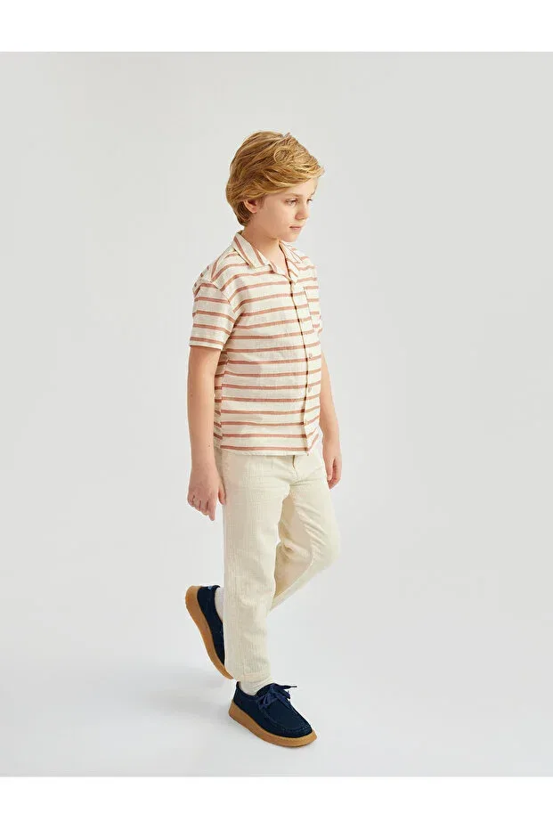 Детские брюки для девочек прямого кроя из льняной смеси Buttoned linen blended cotton basic trousers with elastic waist Koton, Ecru — фото 2