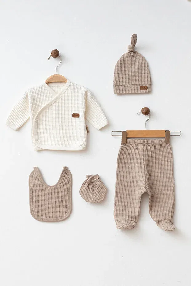 Детский комплект одежды для новорожденных с сотовым узором Yukobaby Bebeğiniz Için En Doğalı, Brown — фото 2