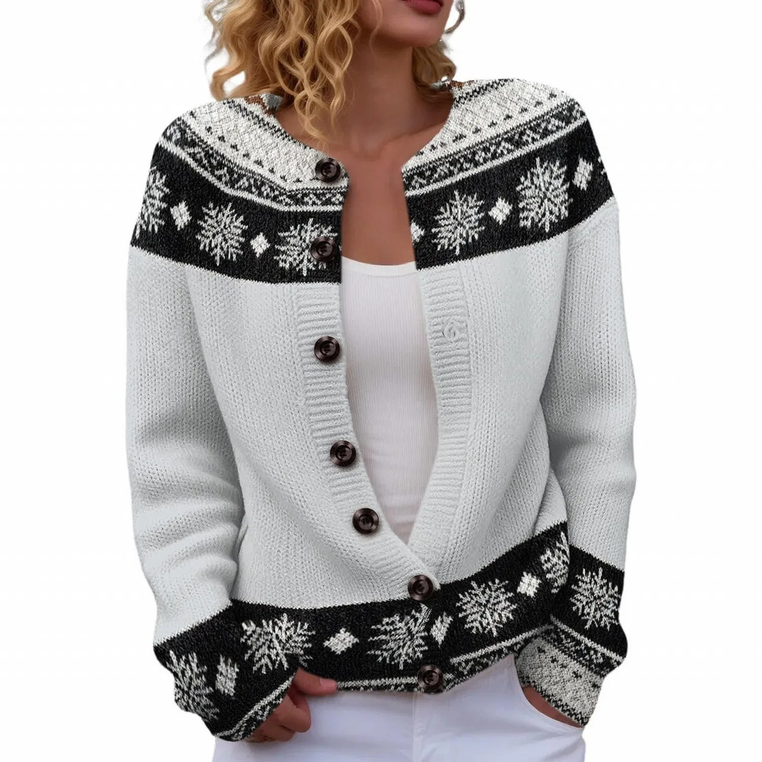 Женский кардиган с принтом Fair Isle, 01#white