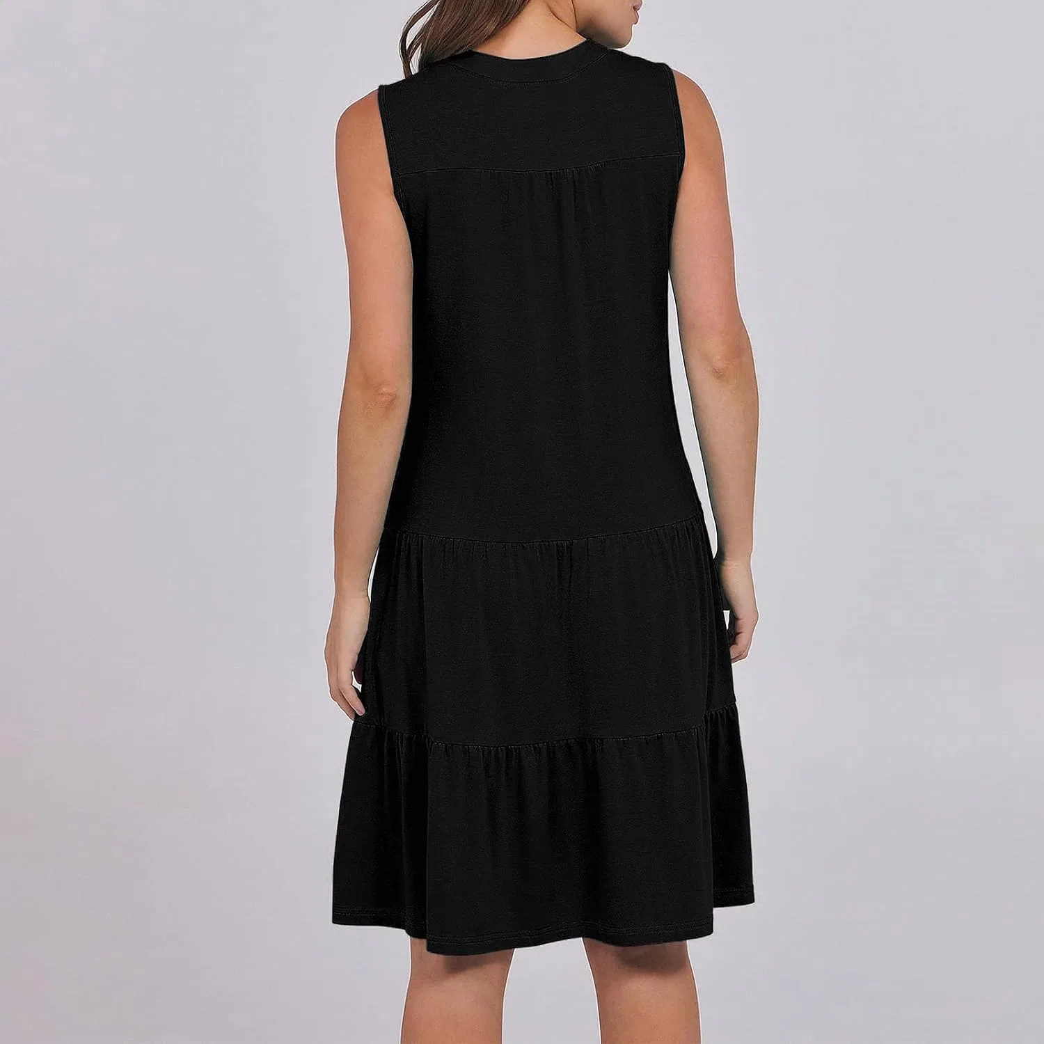 Женское летнее мини-платье с V-образным вырезом и карманами, Black — фото 4