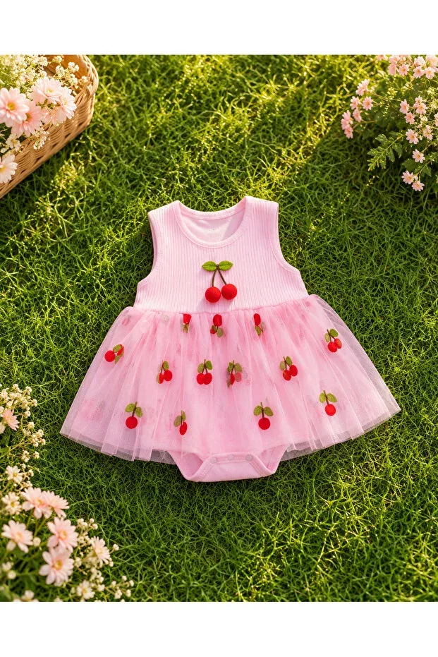 Детское платье для девочек хлопковое Cherry Detailed Tulle Snap Masal Bebe Kids, Pink — фото 2