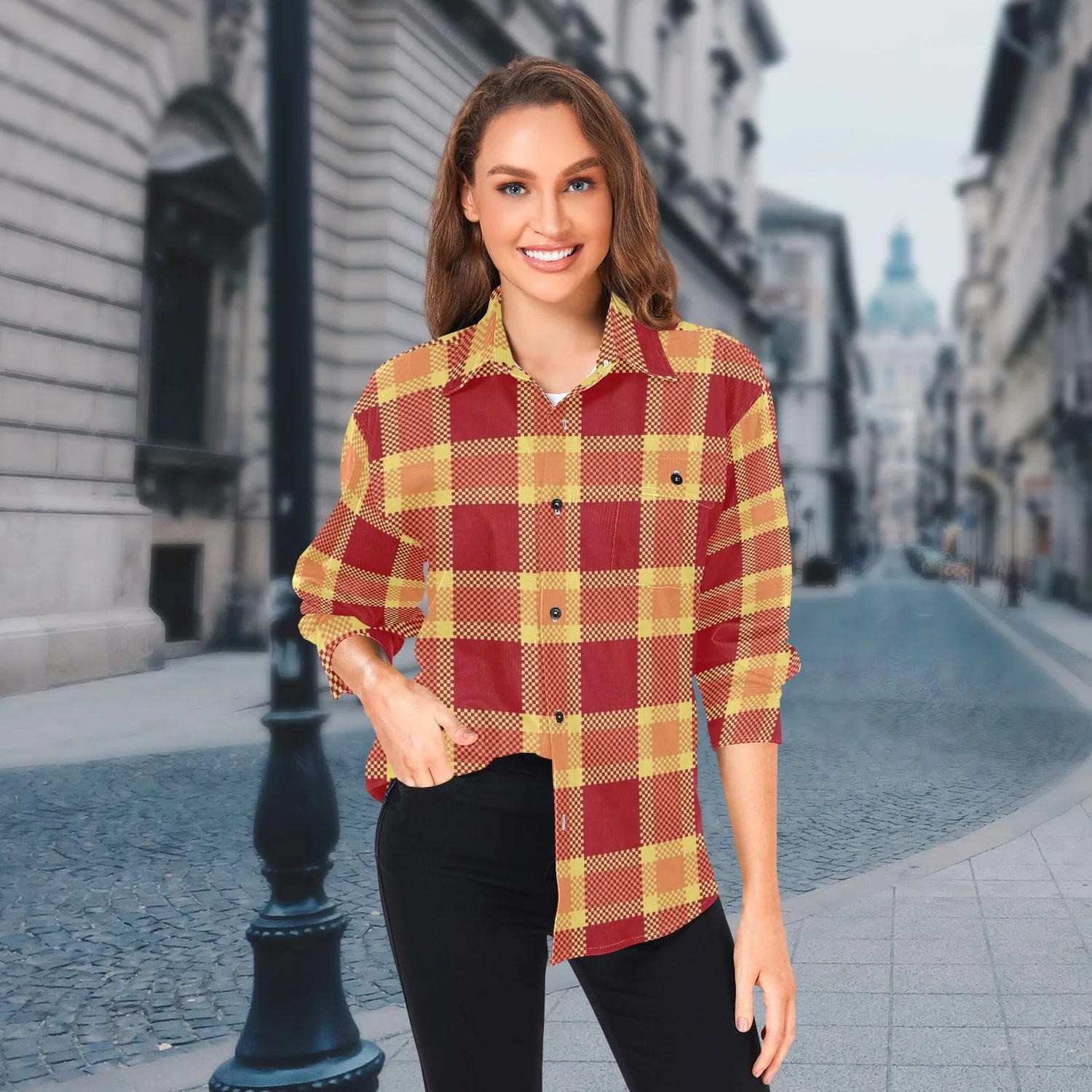 Женский жакет-рубашка из вельвета в клетку с длинным рукавом, Plaid Retro Rosso Giallo — фото 3