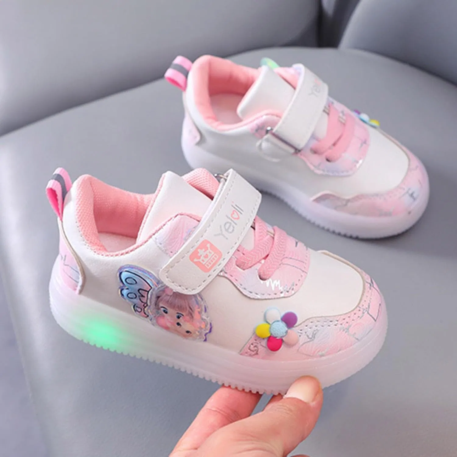 Детские кроссовки для девочек с подсветкой из кожи, White — фото 2