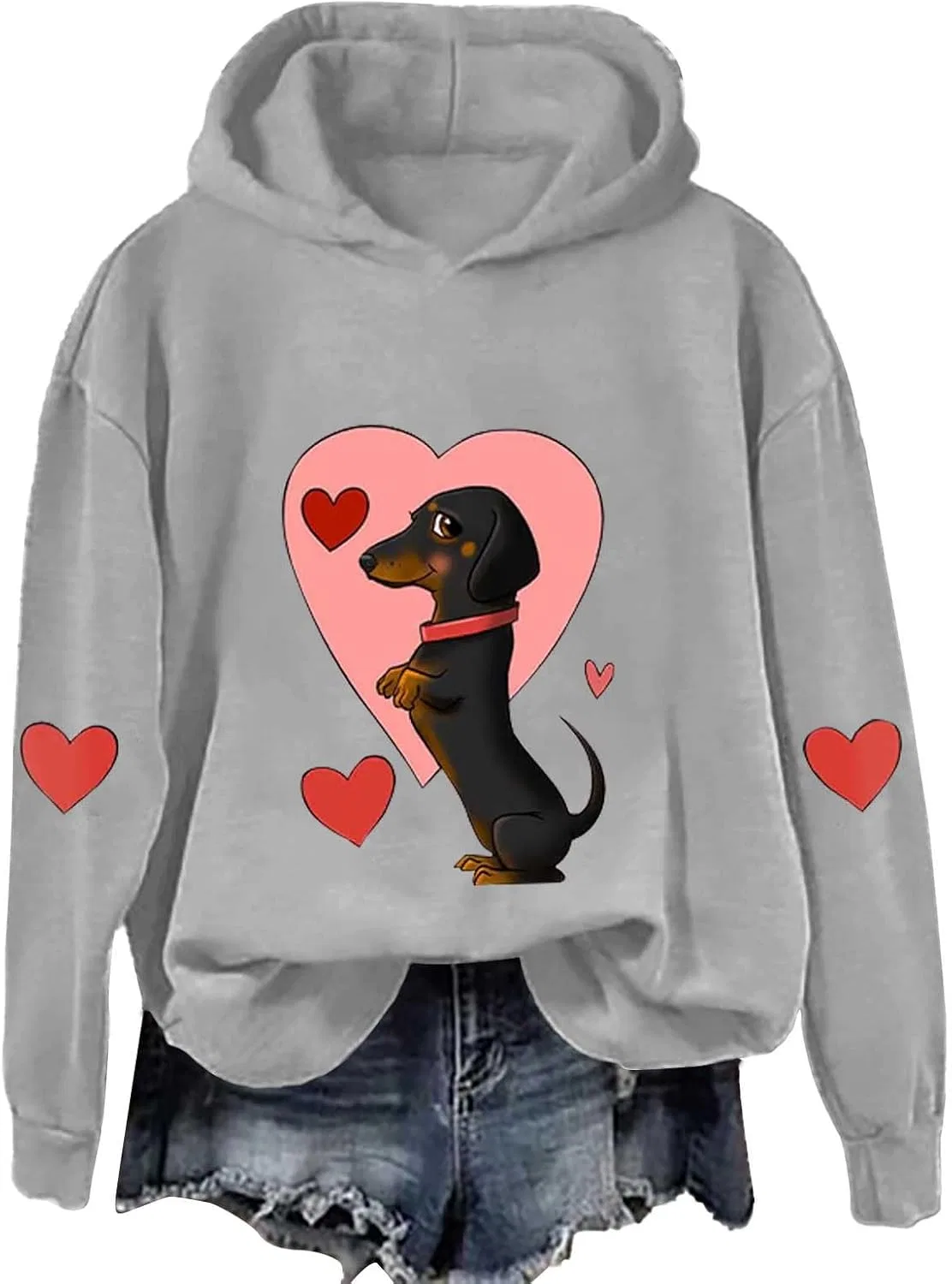 Женский свитшот с принтом даксхунда и сердца, Dachshund Hoodie, серый