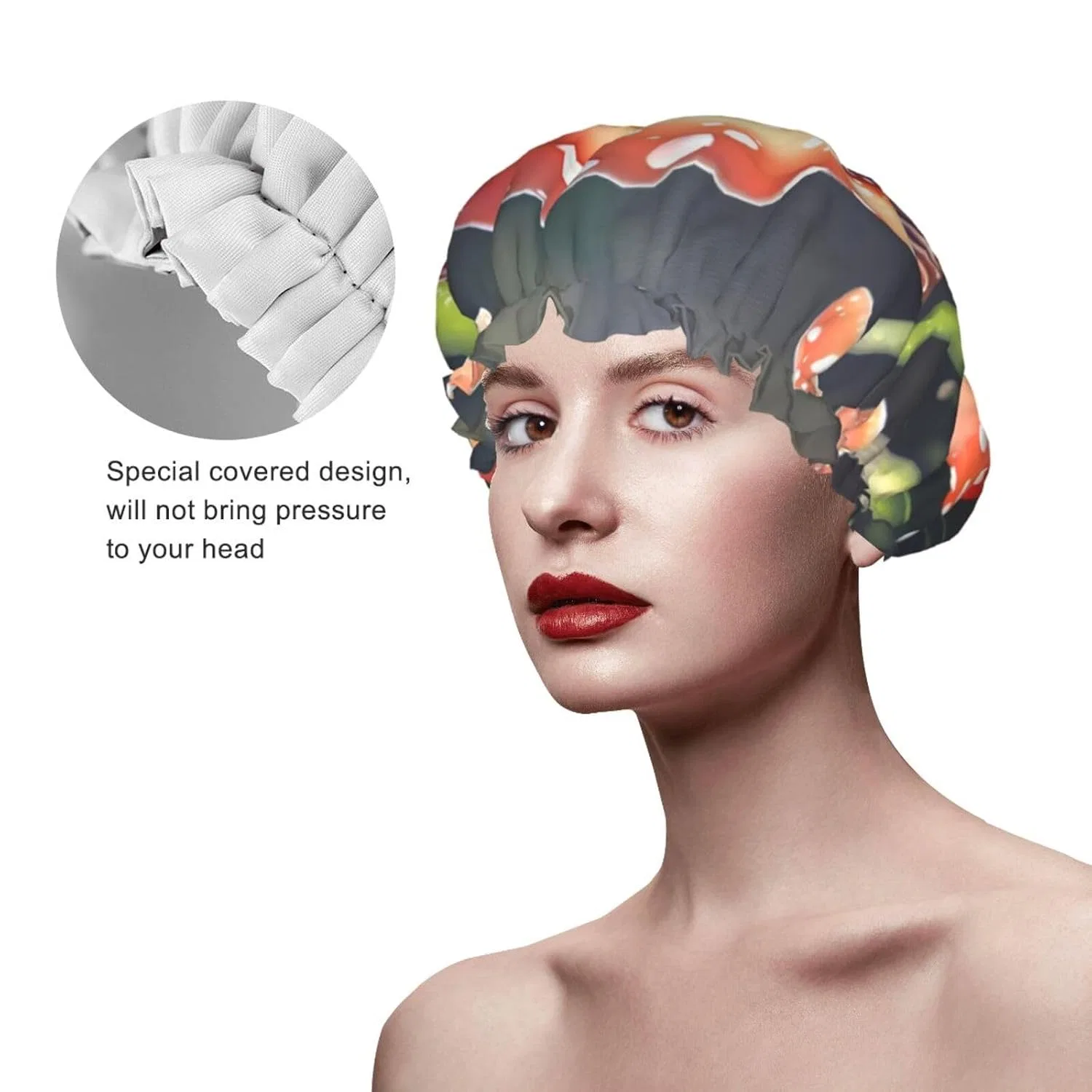 Шапочка для душа с Mushroom Pattern, KWQDOZF, двойной слой, водонепроницаемая, One Size — фото 3