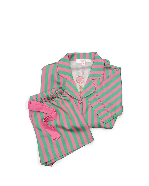Детский комплект для девочек с принтом Watermelon Silky Short Sleeve Shorts Set Sunshine Society, Green/Pink Stripe — фото 3