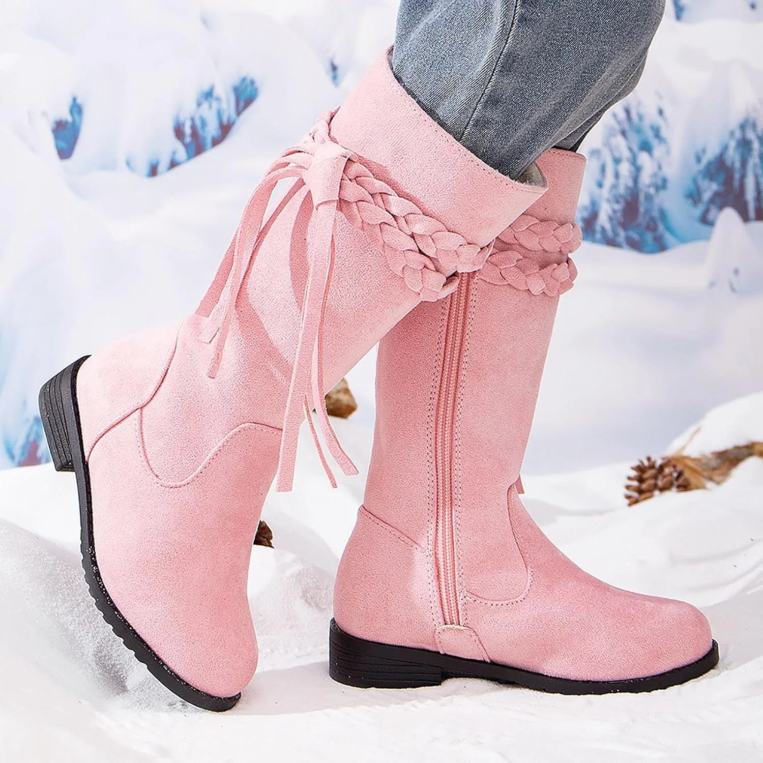 Детские сапоги для девочек с бахромой и плетением, модель Cowgirl Suede Boots, Pink — фото 4