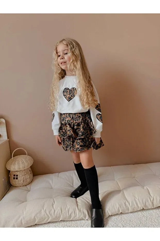 Детский для девочек костюм с принтом Bbk369-1 leopard patterned skirted girl's suit Bloom, Ecru