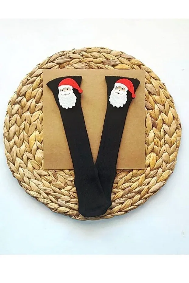 Детские носки для мальчиков и девочек с рисунком Santa Claus Asa Bebek Çocuk, Black Socks With Santa Claus