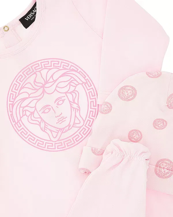 Детский комплект из боди-комбинезона и шапки с принтом Medusa Dots Versace, Pink+Pink — фото 3