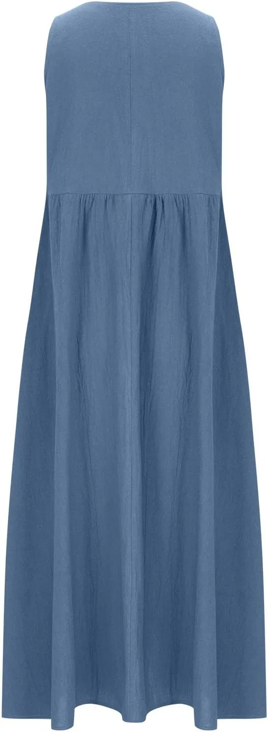 Женское летнее льняное платье макси с карманами, Blue — фото 4