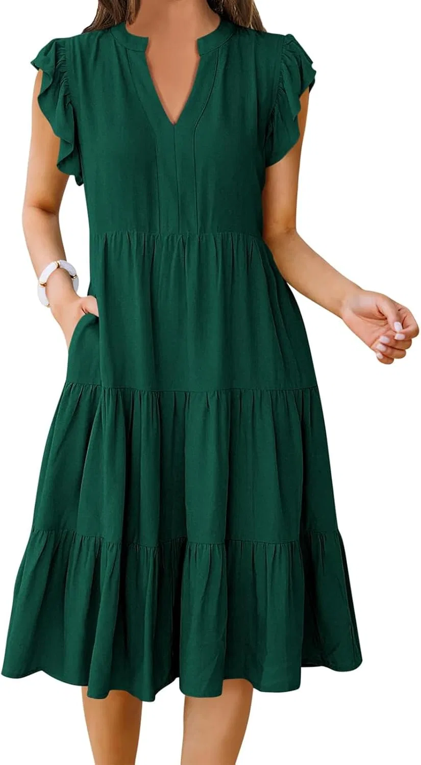 Женское летнее платье миди с рюшами и V-образным вырезом, Dark Green